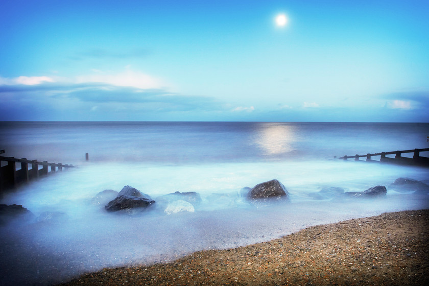 moonlight refections on sea and beach-1 
 moonlight reflections on sea and beach and rocks 
 Keywords: Beach, Mist, Reflections, Rocks, Sea, Suffolk, Tony Pick, atmospheric, blue, light, moon, movement, nautical, sky, smoke, structure, tide, waves